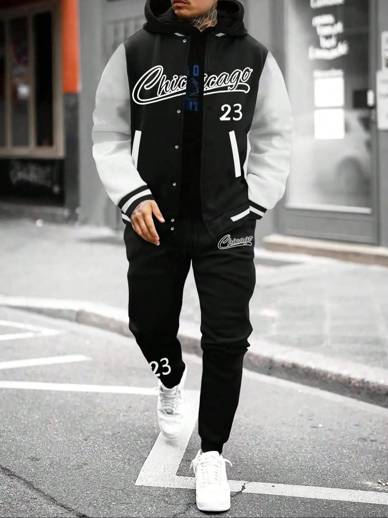Men's Two-Piece Chicago 23 Print School Jacket Set, Fashion Colorblock Baseball Coat and Jogger Pants, Casual Streetwear for Fall & Winter