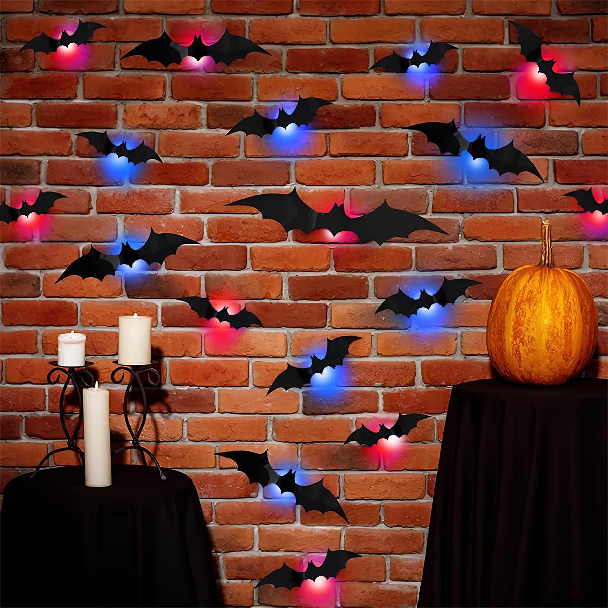 Halloween 3D Lighted Bats, 2025 New 3D Led Bats Lighted Stickers Decor Light - Hanging Wall Luminous Glow Clings for Home Bar Halloween Party (Bats-12pcs)