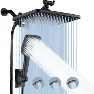 Upgraded 11.8-inch high pressure rain shower head, paired with a 3-setting handheld shower, 9.65" extension arm, 59" hose, showerhead holder, 3-way water diverter, leak-proof washer,teflon tape, bathroom accessories，chrome，black
