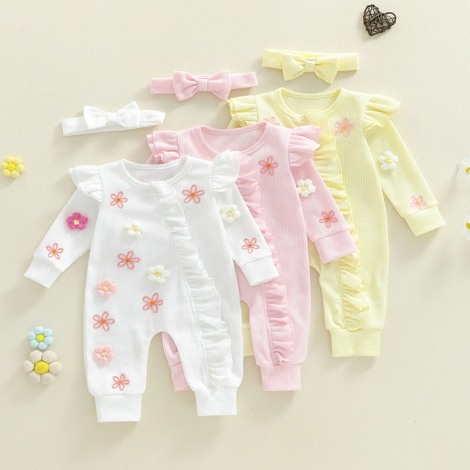 Canrulo Newborn Baby Girl Clothes Coming Home Outfits Floral Ruffle Romper Waffle Knit Zipper Onesie Jumpsuit Fall Winter