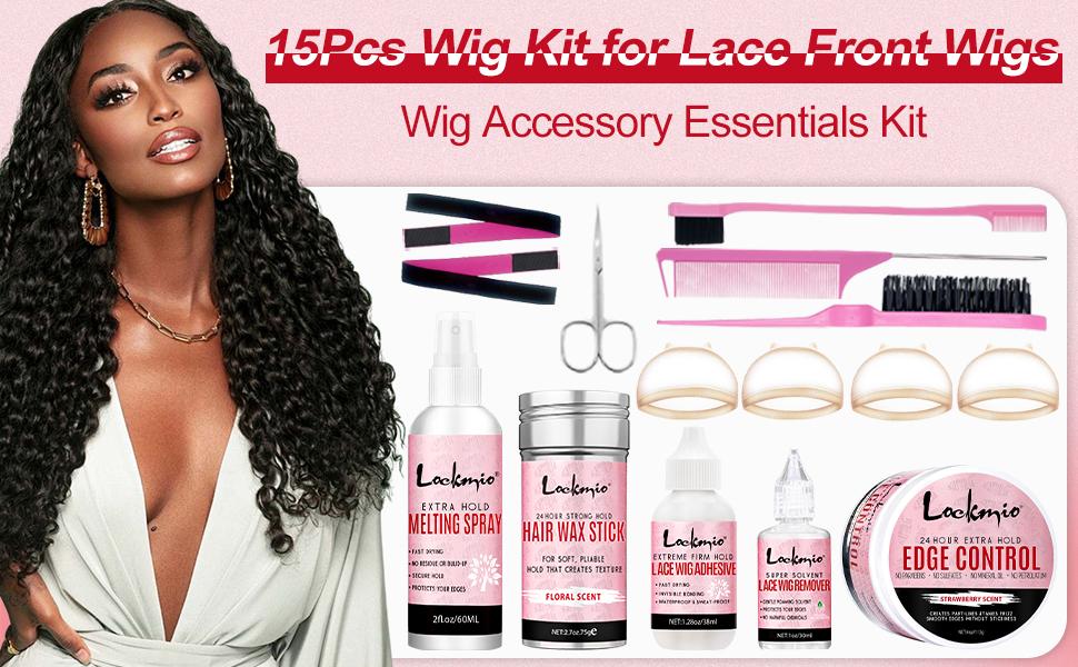 15 Count Wig Kit for Lace Front Wigs,Strong Hold Melting Sprayfor Wigs/Wig Glue Lace Glue/Hair Wax Stick/Lace Melting Band/Edge Control/Edge Brush/Wig Cap - Wig Accessory Essentials Kit,valentine's day gifts for her/him