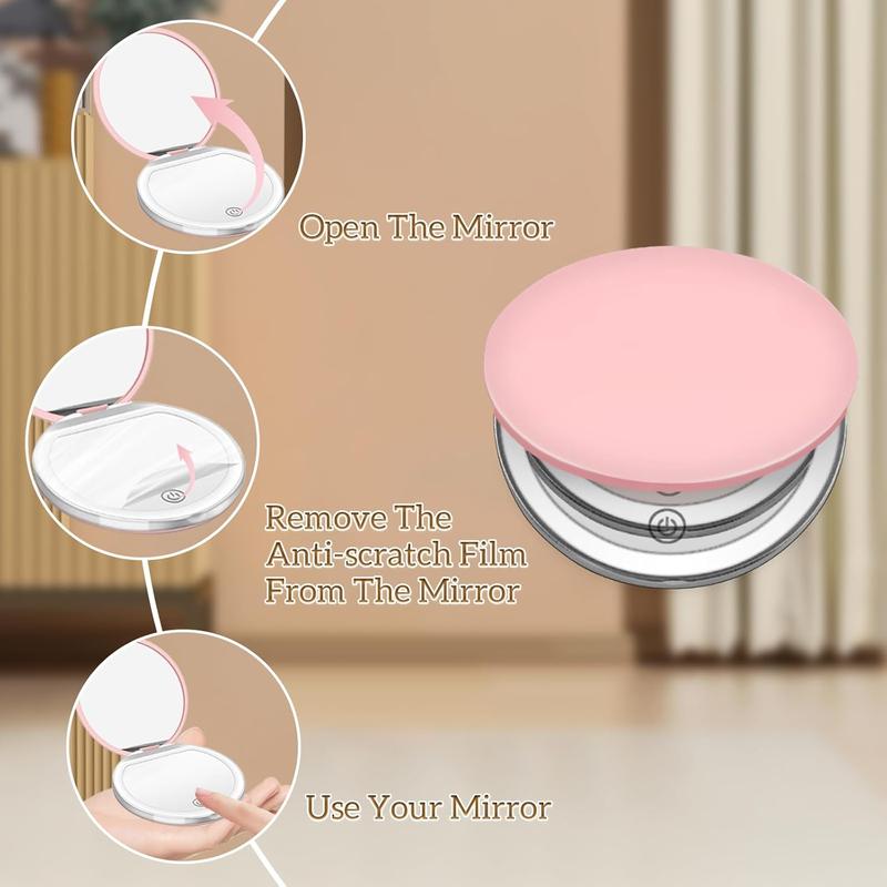 Mini Portable LED Light Makeup Mirror, Travel Foldable Rechargeable Mirror with LED Light, Compact Mirror for Women, Pocket Size Makeup Tools, 1 Count Glam Travel Hand Mirror