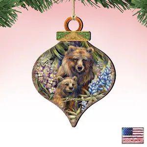 Designocracy 8591947-JB-S2 5 x 5.5 in. Grin Bear it Grizzly Mother Cub Wooden Ornaments - Set of 2