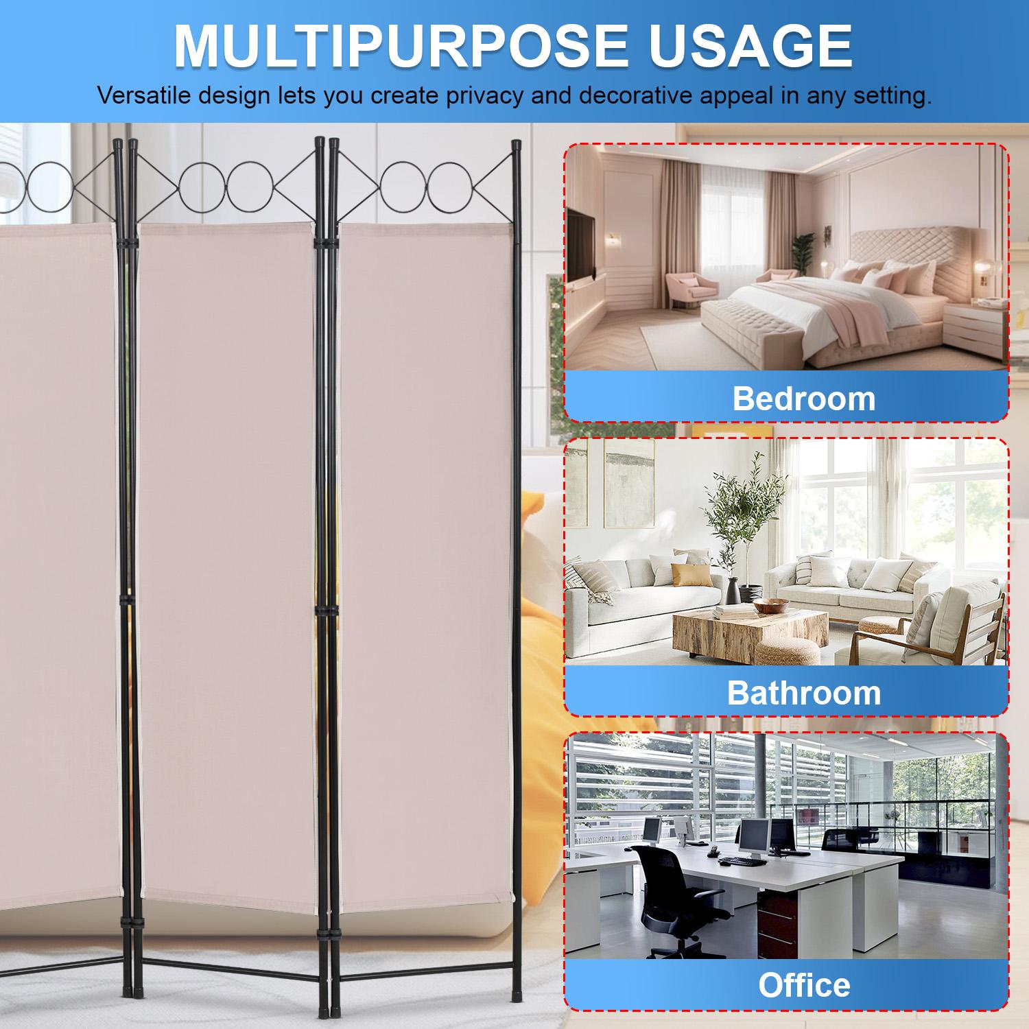 BestOffice 4 Panel Room Divider 6FT Steel Frame Screen Folding Privacy Divider Freestanding Partition for Home Office Bedroom (Beige) Modern Furniture