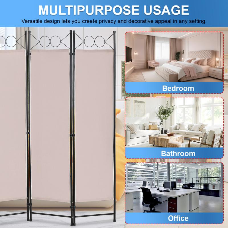 BestOffice 4 Panel Room Divider 6FT Steel Frame Screen Folding Privacy Divider Freestanding Partition for Home Office Bedroom (Beige)