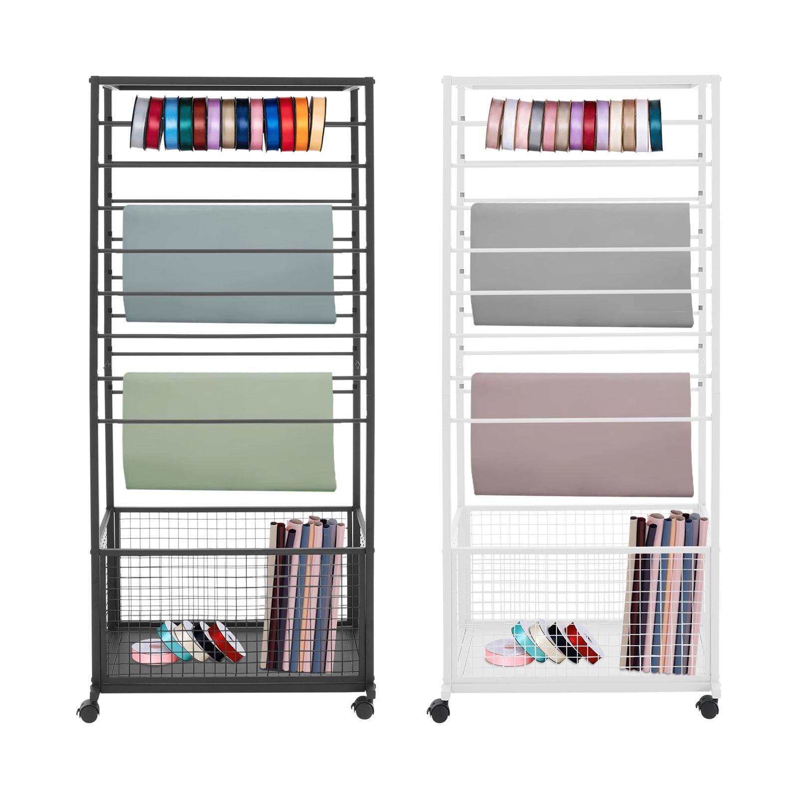 Industrial 16 Tier Double Sided Rolling Craft Rack with Locking Wheels for Ribbon Fabric Scarf Storage Display Organizer Heavy Duty Metal Shelving Unit Black White Freestanding