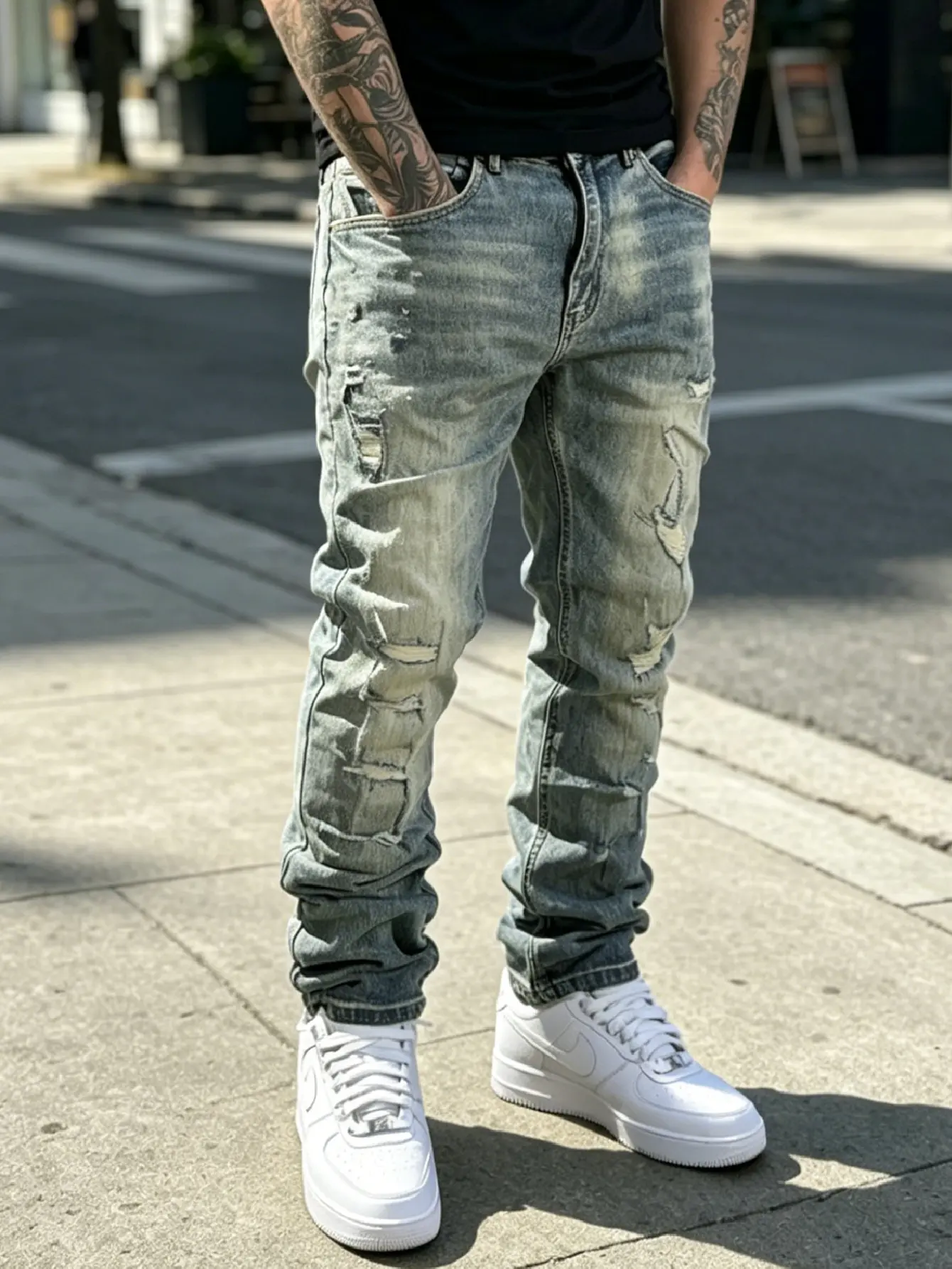 SRETOUU Men's Stylish Holes Baggy Jeans Men Hip Hop Streetwear Ripped Distressed Denim Pants Loose Jeans Straight Trousers Menswear Casual