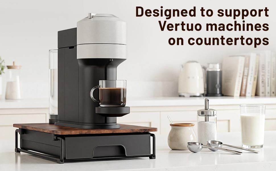 EVERIE Rustic Brown Wooden Coffee Pod Drawer Slide-Out Organizer Holder Compatible With Nespresso Vertuo Capsules 40 Large or 52 Small for Kitchen Countertop & Coffee Bar