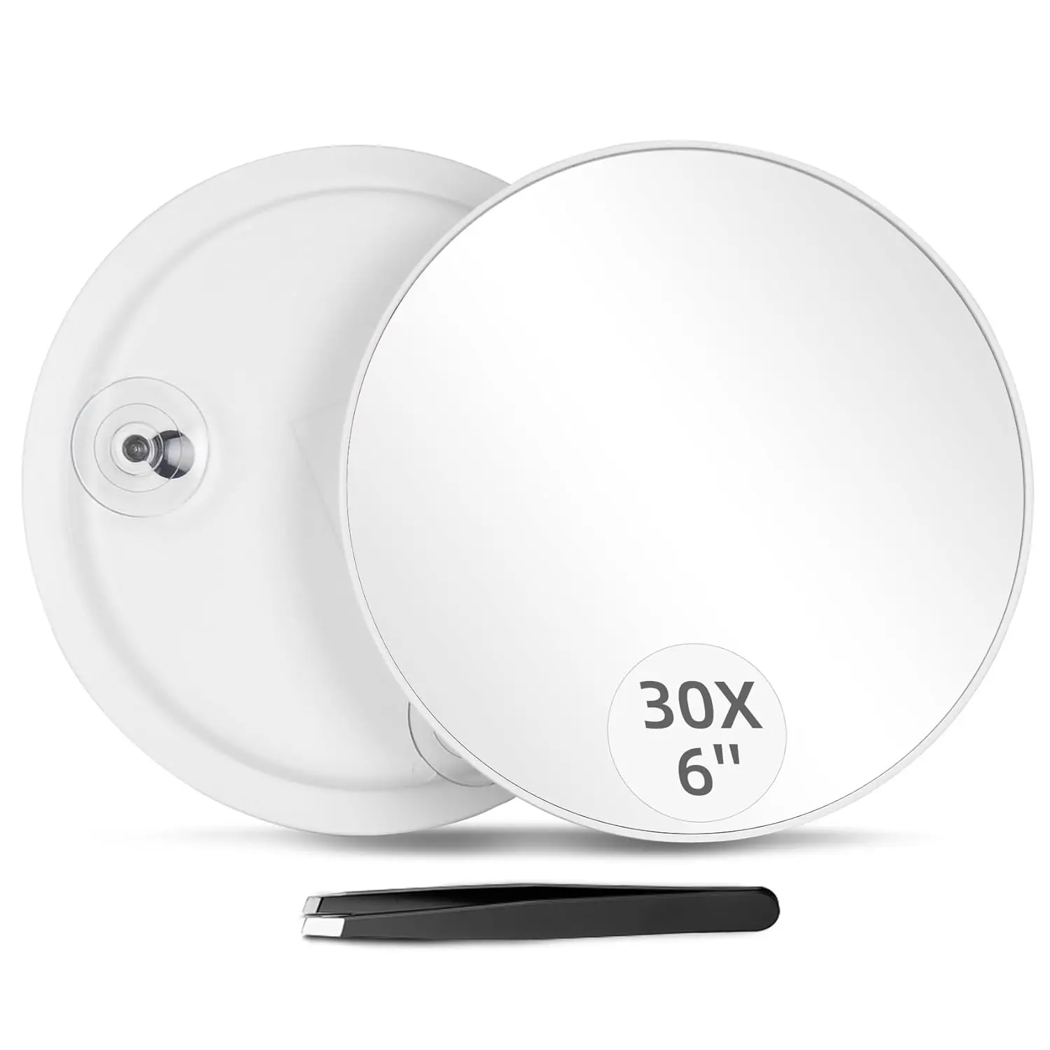 Round 30X Magnifying Mirror, 6 Inch Magnified Mirror with Three Mounting Suction Cups, Compact Magnifying Mirror and Tweezers, 30X Magnification Travel Makeup Kit for Shaving,Blackhead Blemish Removal