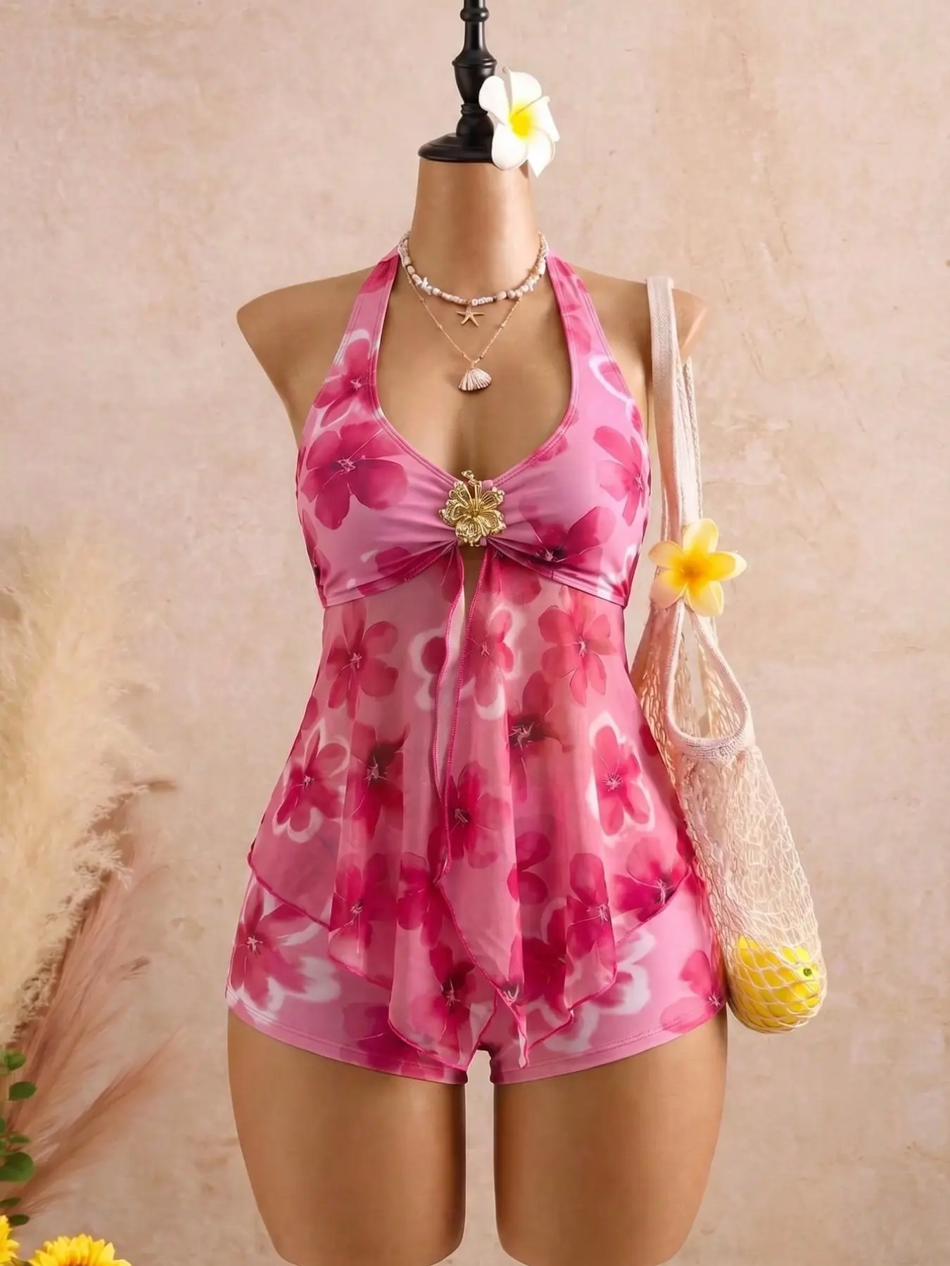 Gradient Floral Halter-Neck V-Neck Bikini with Metal Buckle & Mesh Skirt Bottom Split, Stylish Two-Piece Swimwear Set for Beach Bikini Sets