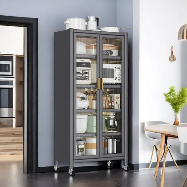 Bellemave Sturdy Modern Vertical Kitchen Storage Cabinet with Double Doors - Floor-to-Ceiling, Multilevel, Wheels, Open Compartments, 25+ kg Capacity, Assembly Required, Clean Look, Ideal for Microwave & Bowl Storage, Metal Construction