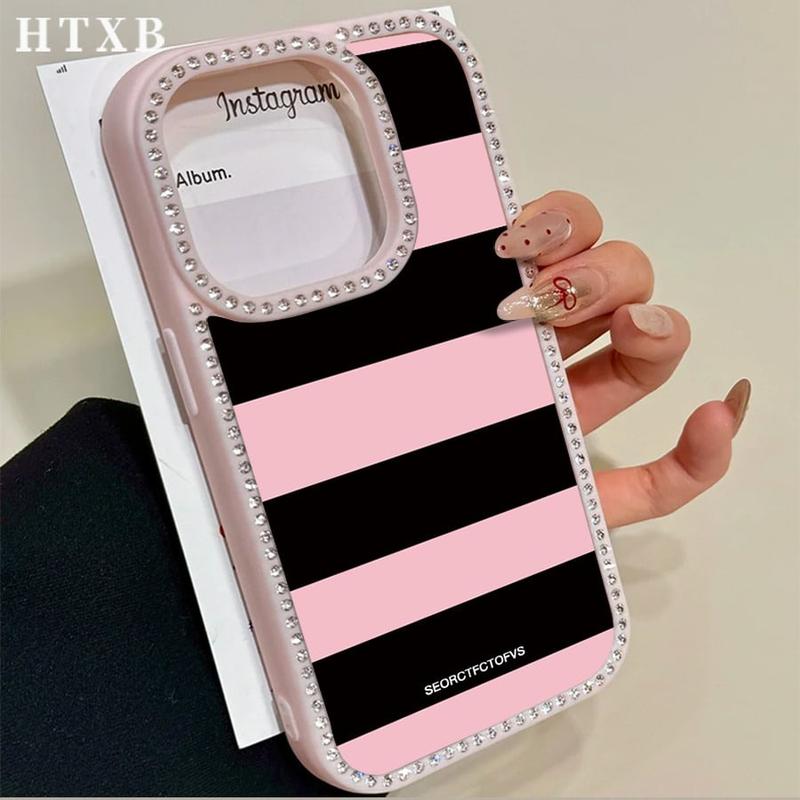 HTXB Pink And Black Striped Letters Pattern Double-Sided Diamond Transparent Mobile Phone Case Thin Light TPE Material For iPhone 17 Pro Air 16 15 14 13 12 11 Pro Max Plus Air 16e Christmas Valentine's Day Gifts