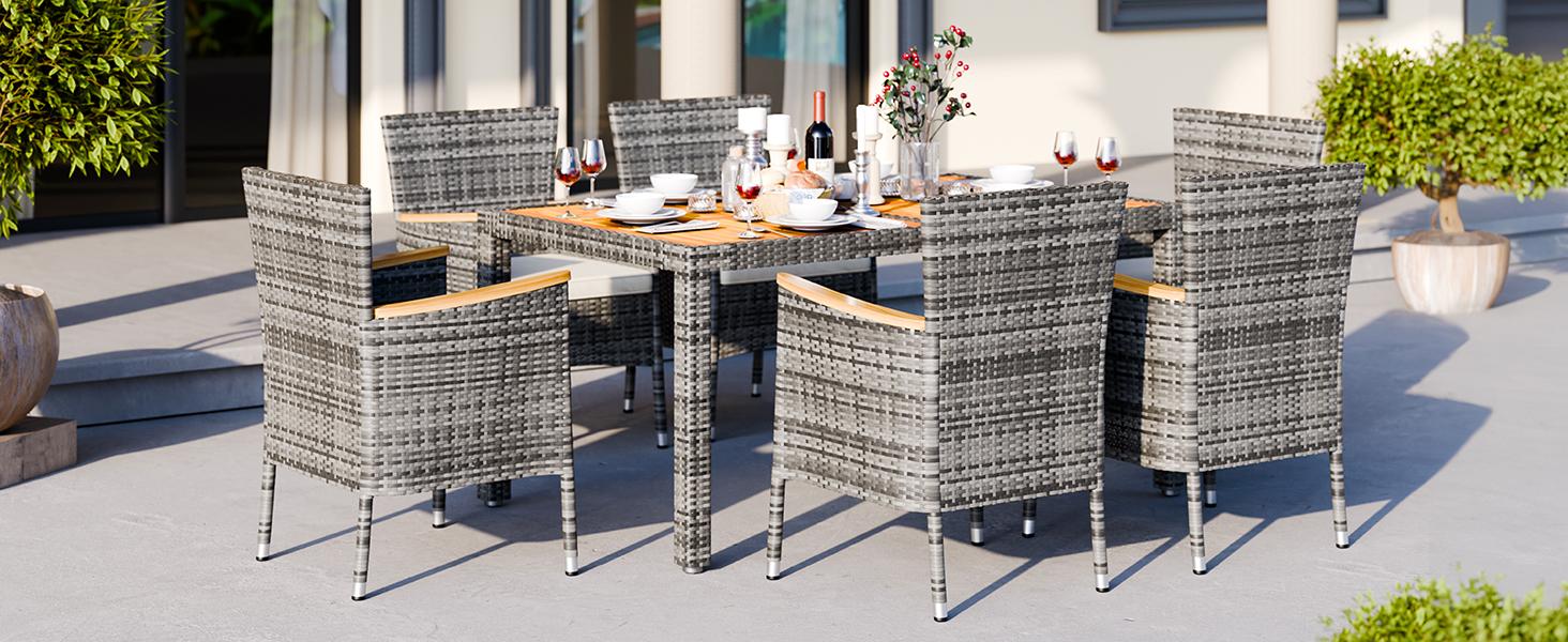 【NEW】Walsunny 7 Pieces Outdoor Patio Dining Set, Wicker Patio Furniture Set with Wood Table and 6 Chairs with Soft Cushions Grey Outdoorfun