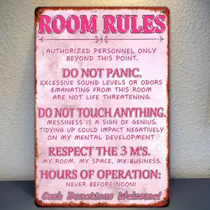 Vintage Pink Room Rules Metal Sign 8x12 Inches Rustic Decor for Girls Bedroom Humorous Guidelines Easy Wall Mount No Power Needed Retro Tin Sign