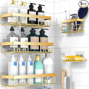 Five-piece shower accessory storage rack, suitable for wall-mounted shelves for indoor showers, self-adhesive wall storage basket, stainless steel shampoo rack, bathroom accessory decoration set caddy organizer rack shelf