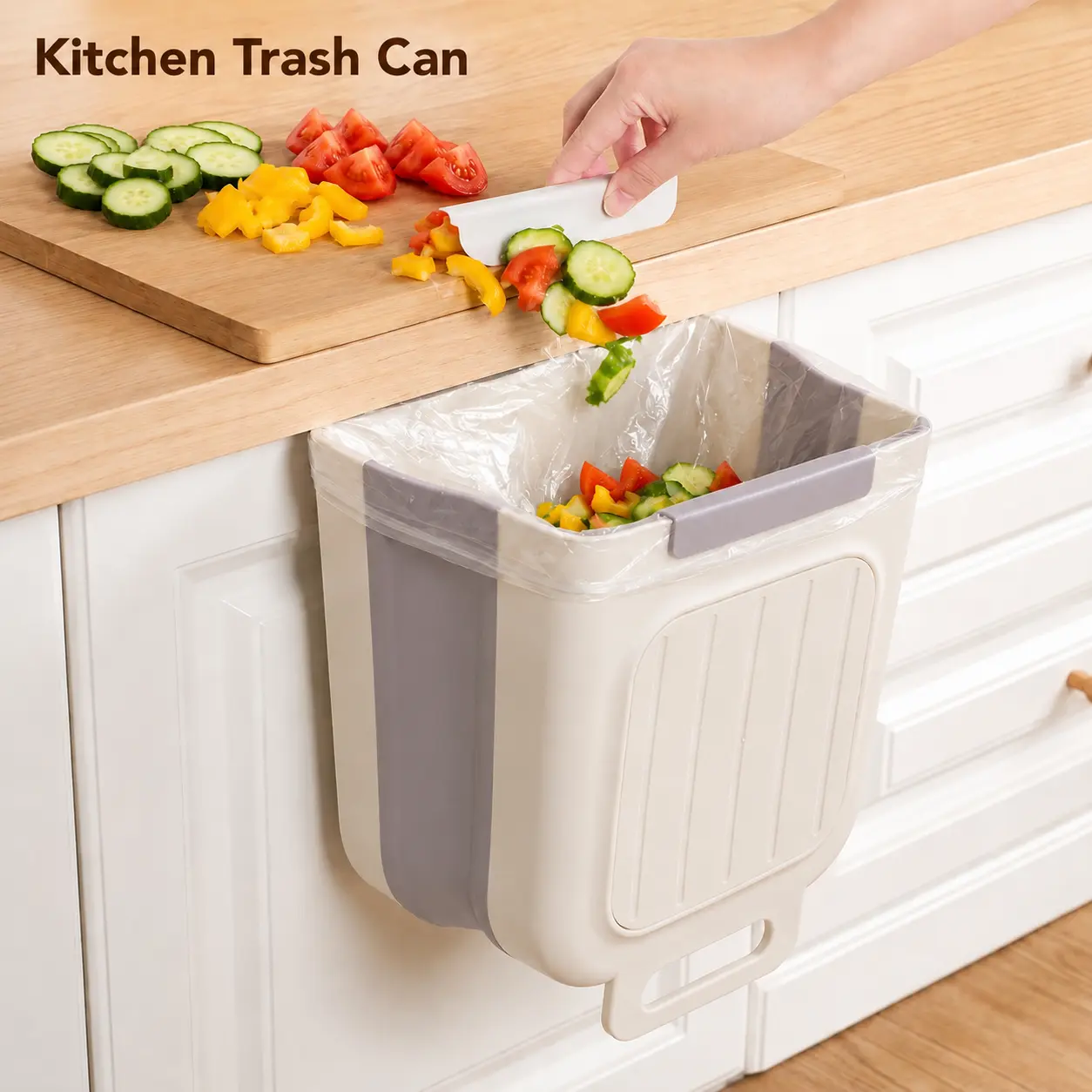 1-Count Hanging Foldable Kitchen Trash Can - Compact Mini Bin with Cabinet-Mount Design, Clever Storage Bathroom Waste Basket, Essential Kitchen Accessories
