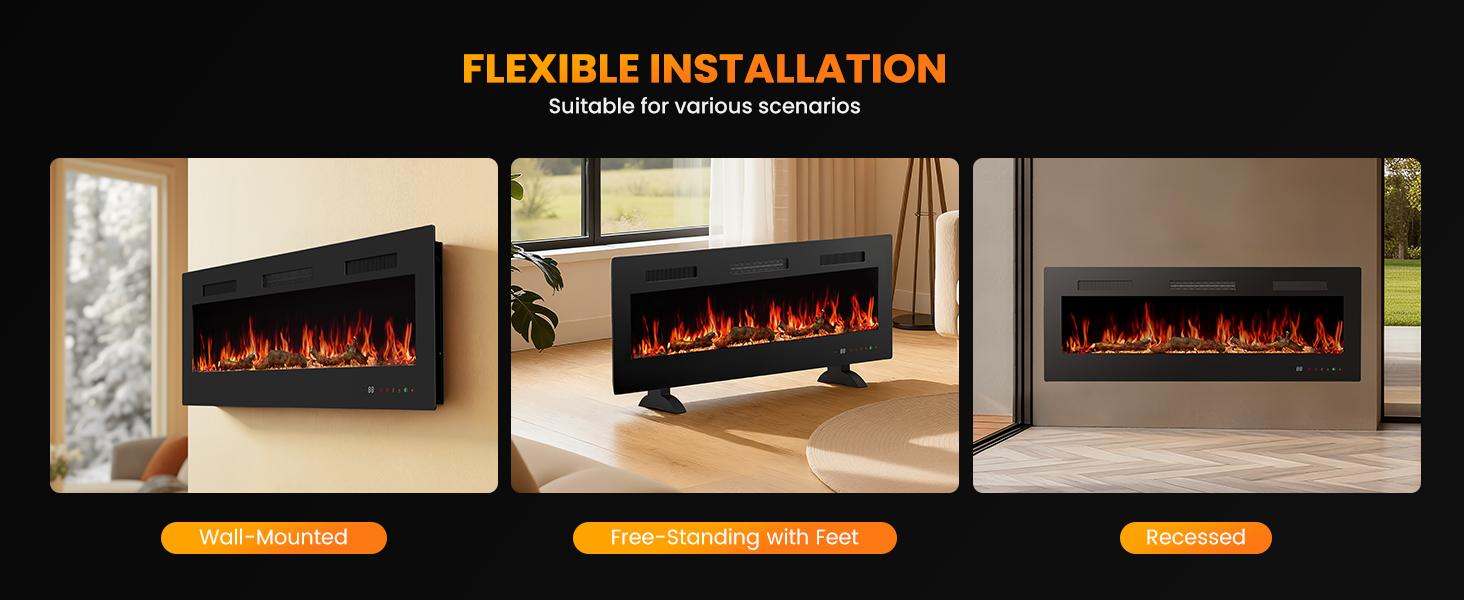 Electric Fireplace Insert, Wall Mounted & Recessed Fireplace,1500W Freestanding Fireplace Heater with Remote & Touch Panel Control, 12H Timer for Indoor use, Adjustable Flame Effect