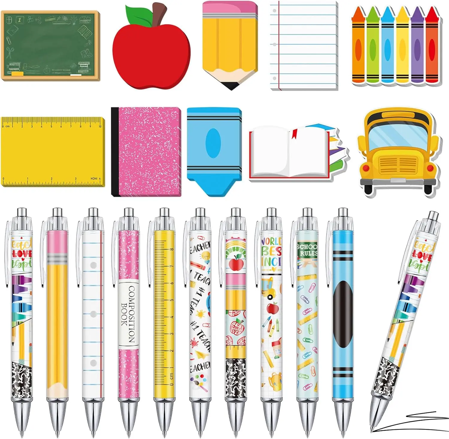Gejoy Back to School Sticky Notes Gift Set with Ballpoint Pens Self-Adhesive Writing Memo Pads Cute Sticky Notes Writing Pens School Stationery for Teachers and Students, Classroom Party Favors, Teacher Gifts