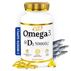 SIGNIFY NATURE Omega 3 Fish Oil Supplement with Vitamin D3 5000 IU - 1000mg Triglyceride Capsules for Brain Health - Omega3 EPA DHA + VIT D 3-90CT