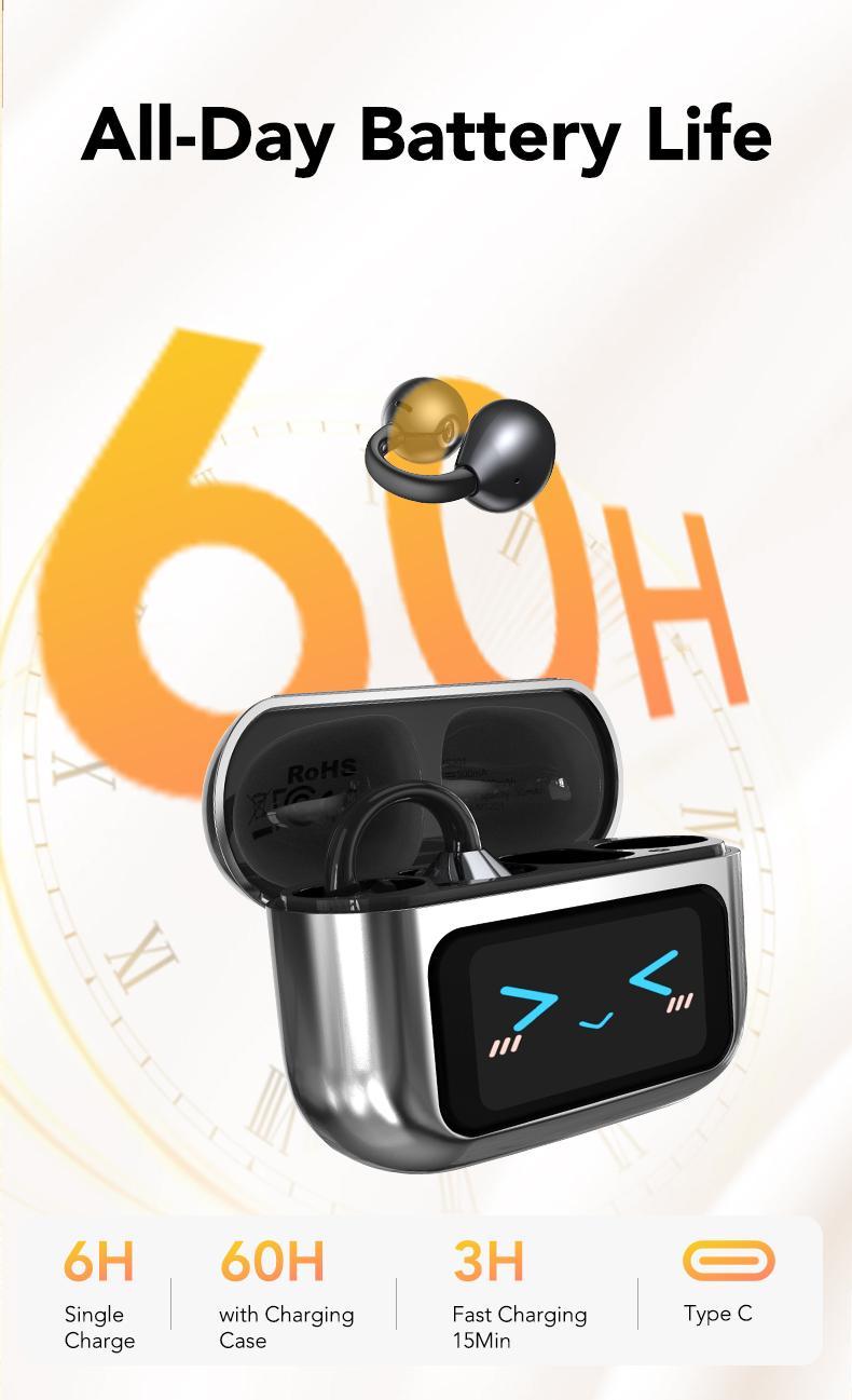 [Spring Deals] Tukio 2026 M100 Fashion Clip-On Earphones, featuring interchangeable earring accessories, an audio-visual touchscreen, and wireless audio transmission technology. Equipped with Bluetooth 6.0 for faster and more stable connections