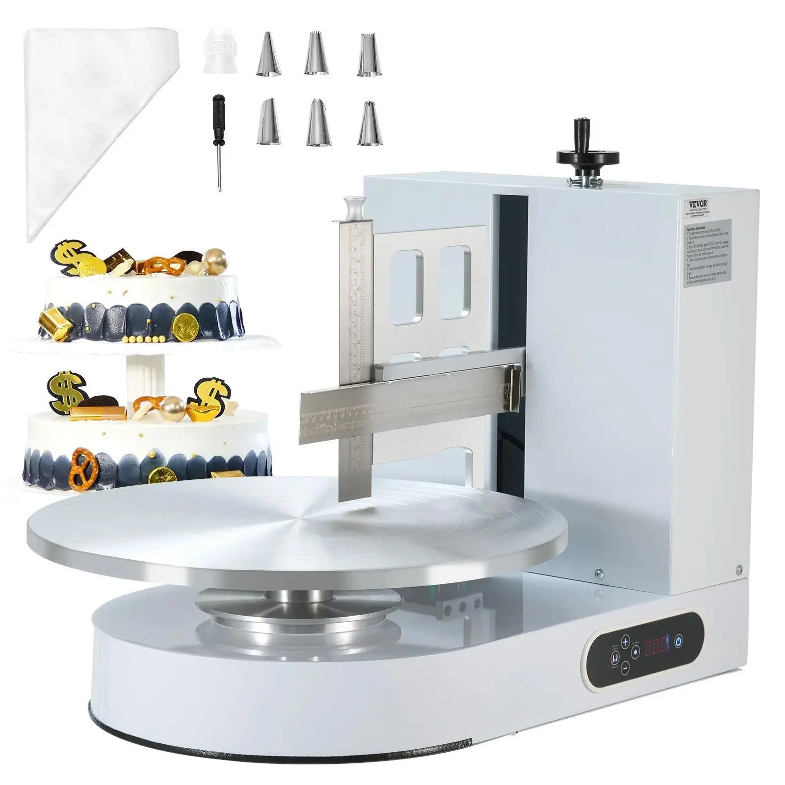 【Summerfinds】VEVOR Cake Decorating Machine,  Cake Cream Spreading Coating Smearing Machine, Low Noise Cake Frosting Machine, Turntable with Adjustable Scraper, for 4" to 16" Cake, 25-320RPM Rotating Speed, White