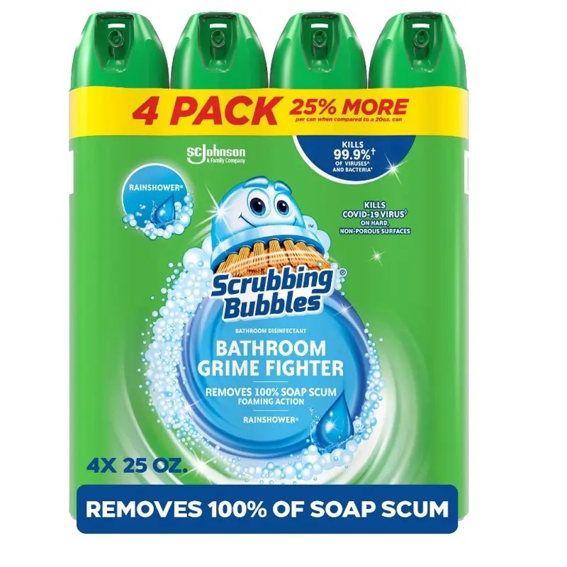 Scrubbing Bubbles Bathroom Cleaner Rainshower 4 ct 100 oz Grime Fighter Removes 100% Soap Scum Foaming Action
