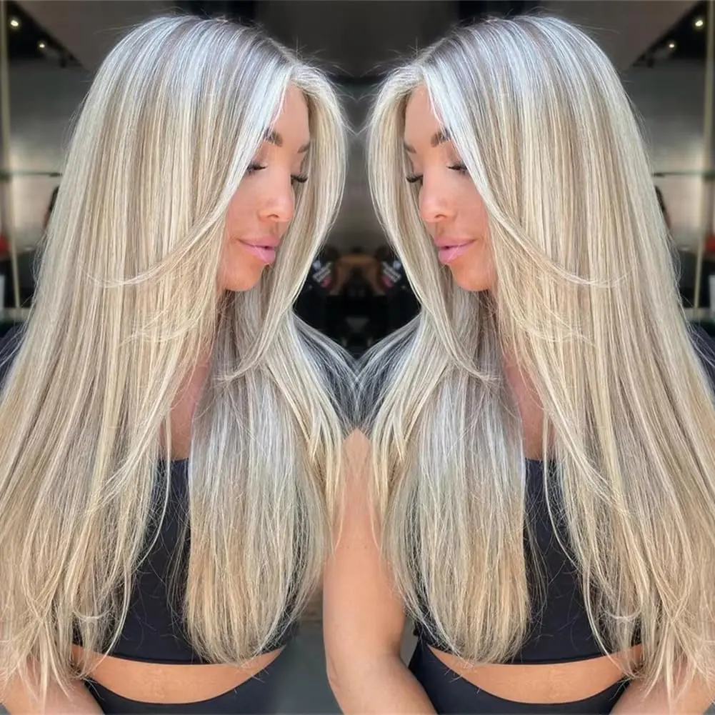 MSCICI Balayage Lace Front Wig, 100% Virgin Human Hair in Platinum Ash Blonde with Dark Roots, Smooth Straight 13x4 UHD Pre-Plucked Lace for Women, Graduations, Glueless Human Hair, Salon Coloring, Silky And Straight Texture, Handmade Coloring