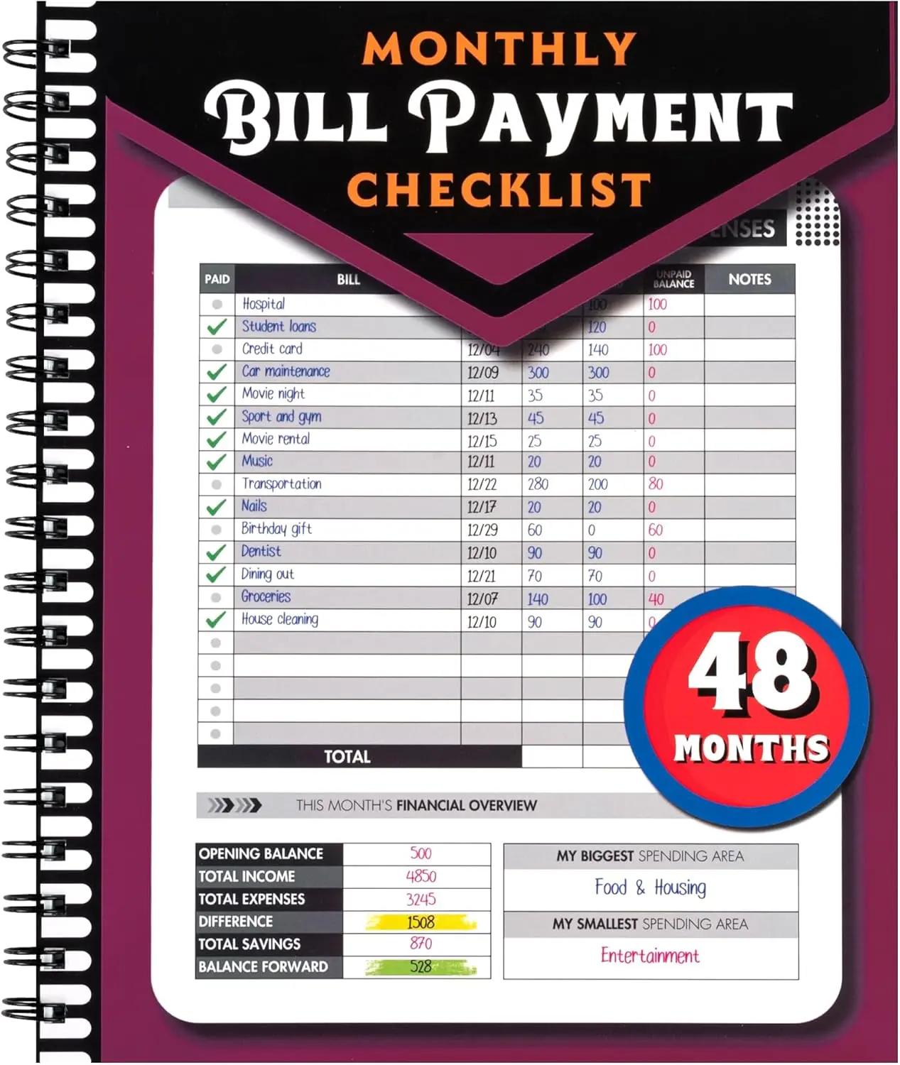 2026 Durable Bound Bill Payment Tracker Notebook - 48-Month Budget & Finance Organizer with Monthly Checklist, Bank Account Tracking for Dorm, Travel Money Management & Financial Goals (Office Stationery), Dorm And Travel
