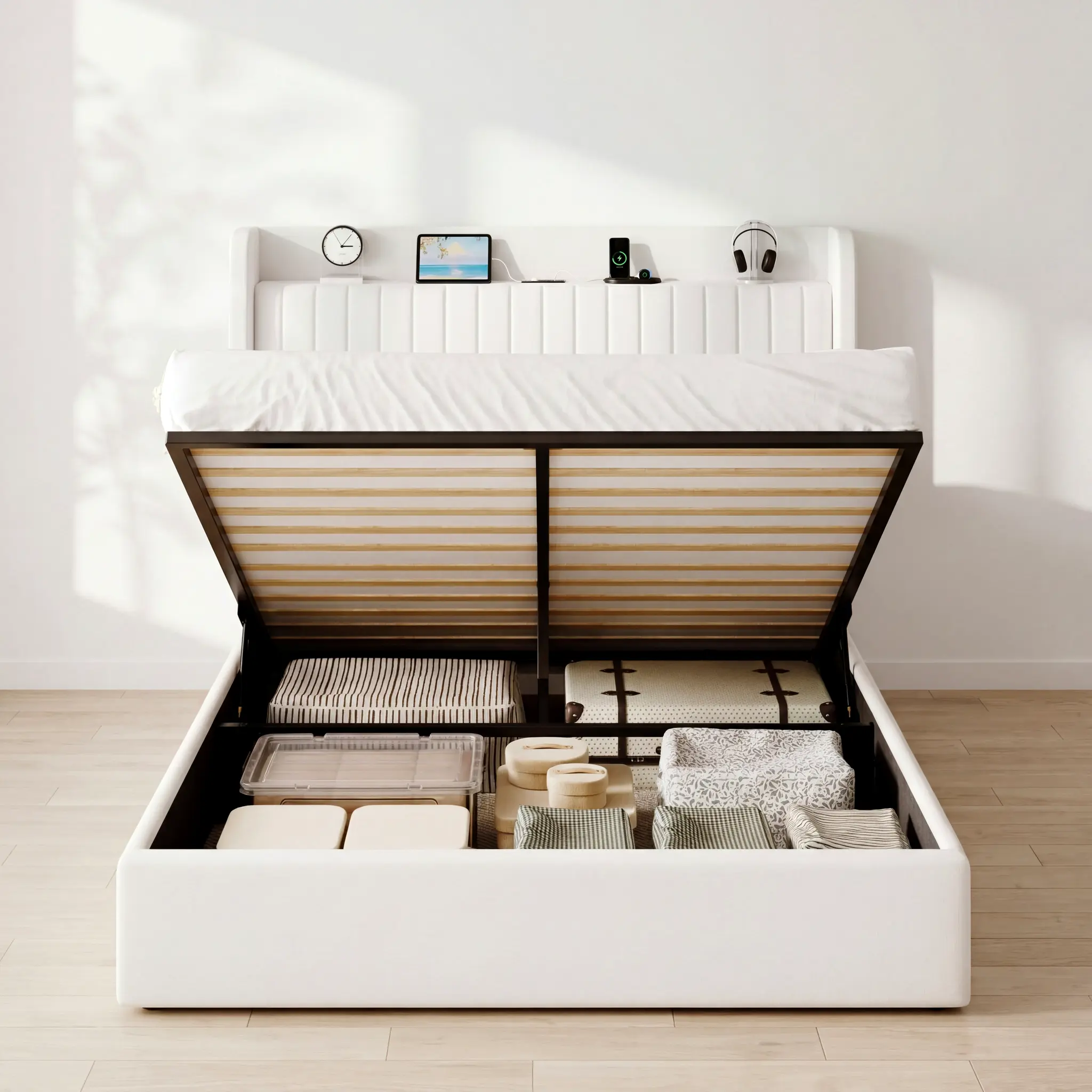HOOMIC Full/Queen/King Size Lift Up Storage Bed Frame with Charging Station, Velvet Upholstered Platform Bed with Hydraulic Storage, Headboard with USB & Type-C Ports, No Box Spring Needed, Black/White/Grey/Cream White#SummerVibes