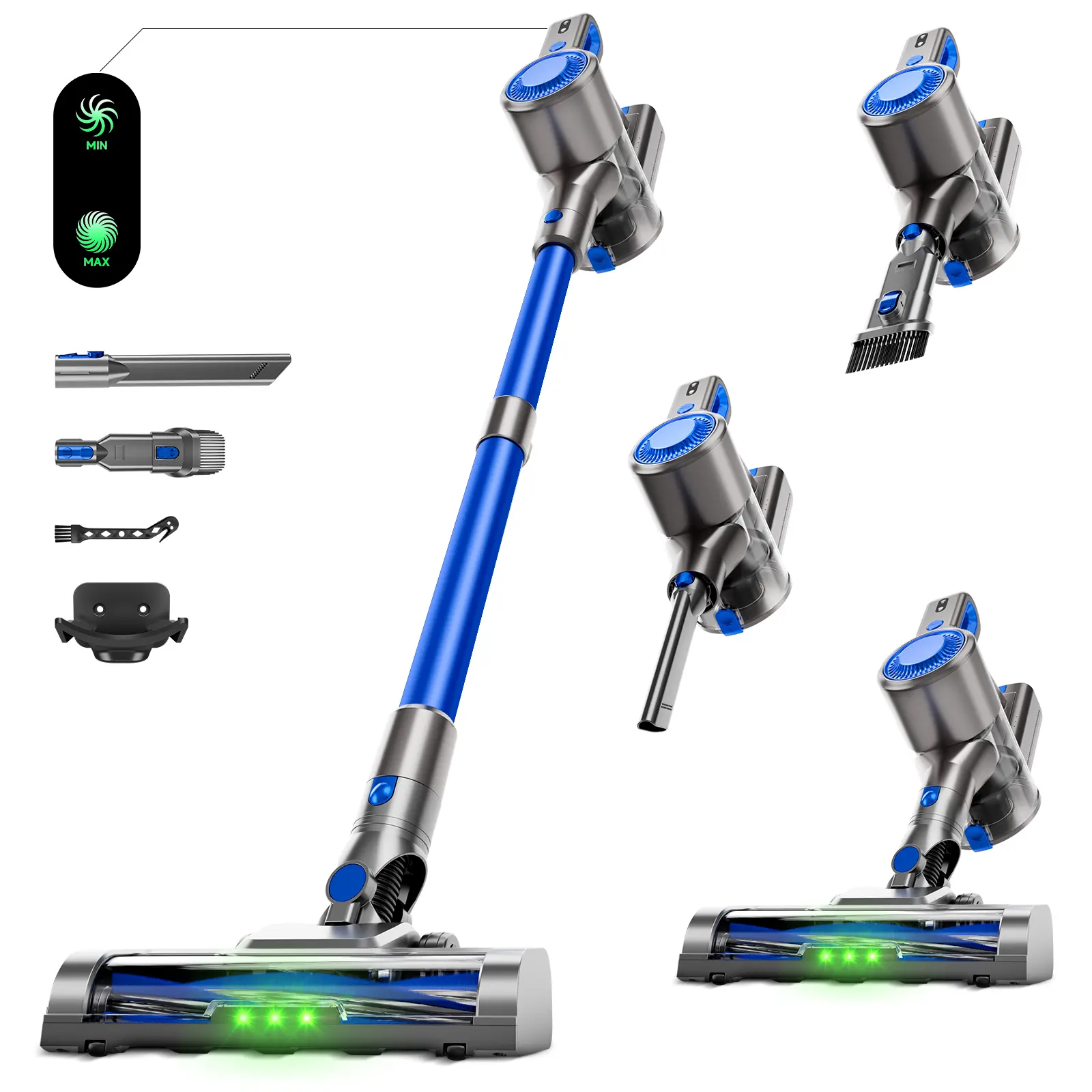 BSNAW Handheld Vacuum Cordless, 6-in-1 Rechargeable Stick Vacuum Cleaning Tool with Green LED Anti-Tangle Brush for Pet Hair, Carpets, Hardwood Floors, Cordless Vacuum