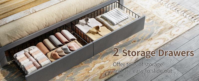 TryLazy Upholstered Flatform Bed Frame with 4 Storage Drawers No MATTRESS Queen Size Wood Slats Holds 900lbs No Noise No Box Spring Needed Full King Twin White Rivet Design USB Socket