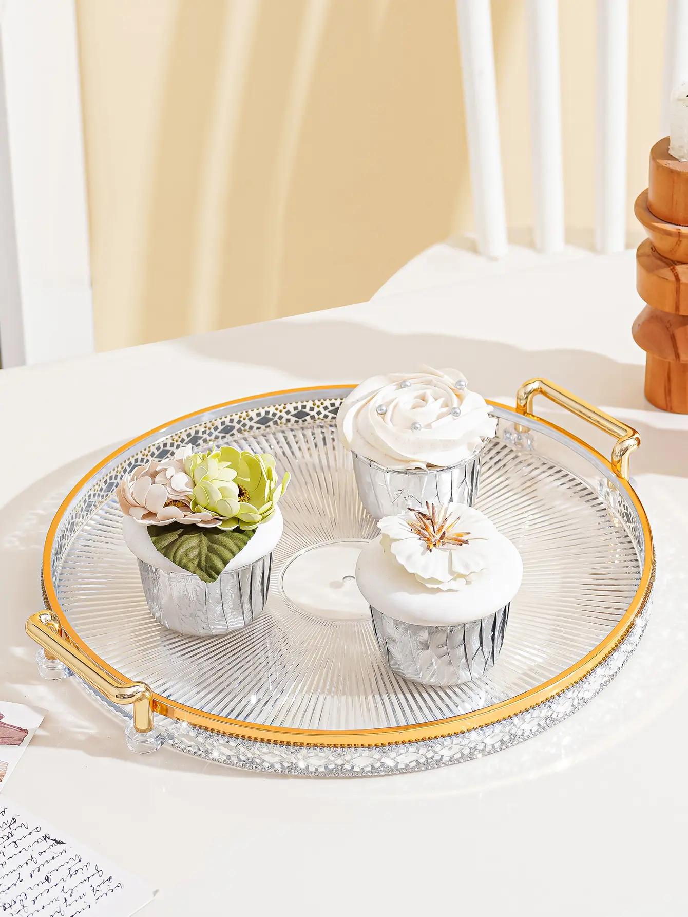 Diamond-Embellished Acrylic Tray - Round | Perfect for Kitchen, Weddings, Holiday Parties & Home Decor Accents