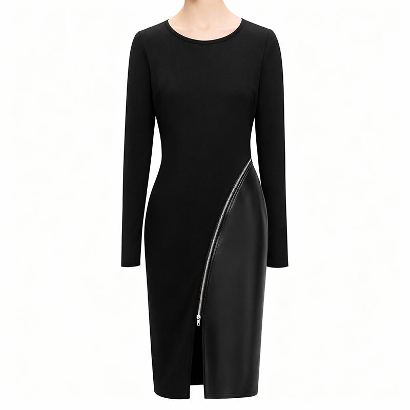 Women's Stylish Elegant Dress Slim-Fitting Figure-Flattering Long-Sleeved PU Leather Panel Zipper Closure All-Season Wear Formal Minimalist Party Workwear Womenswear