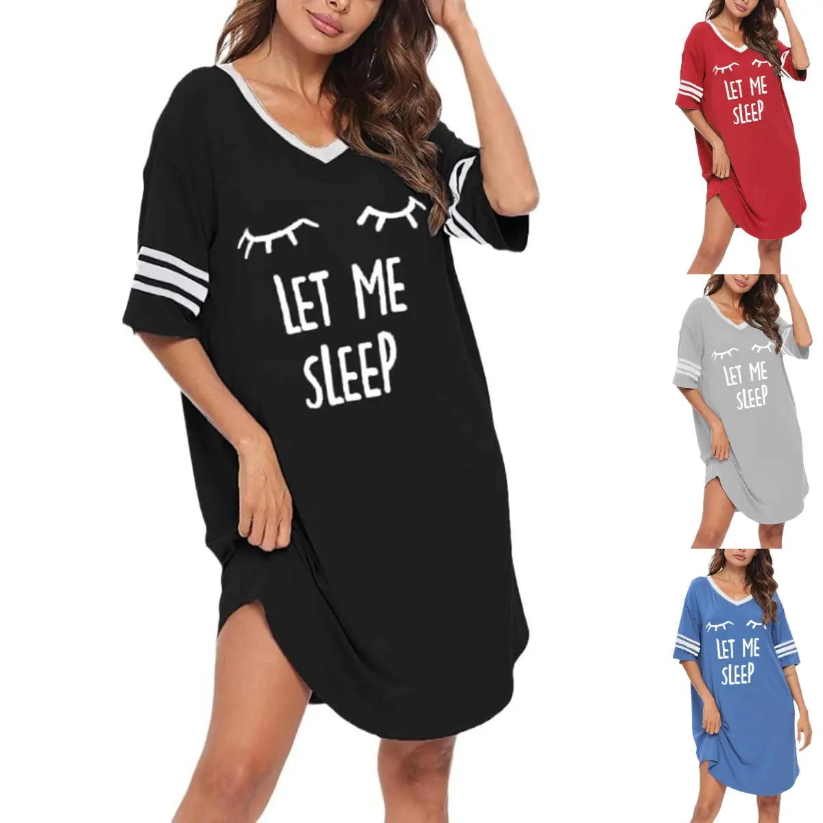 Women's Soft Cotton Short-Sleeve V-Neck Chic Oversized BF Boyfriend-Cut Nightgown - Novelty Letter Print Loose-Fit Light Cooling Loungewear, Plus Size Nightwear, Cami Nightdress for Hotel Use