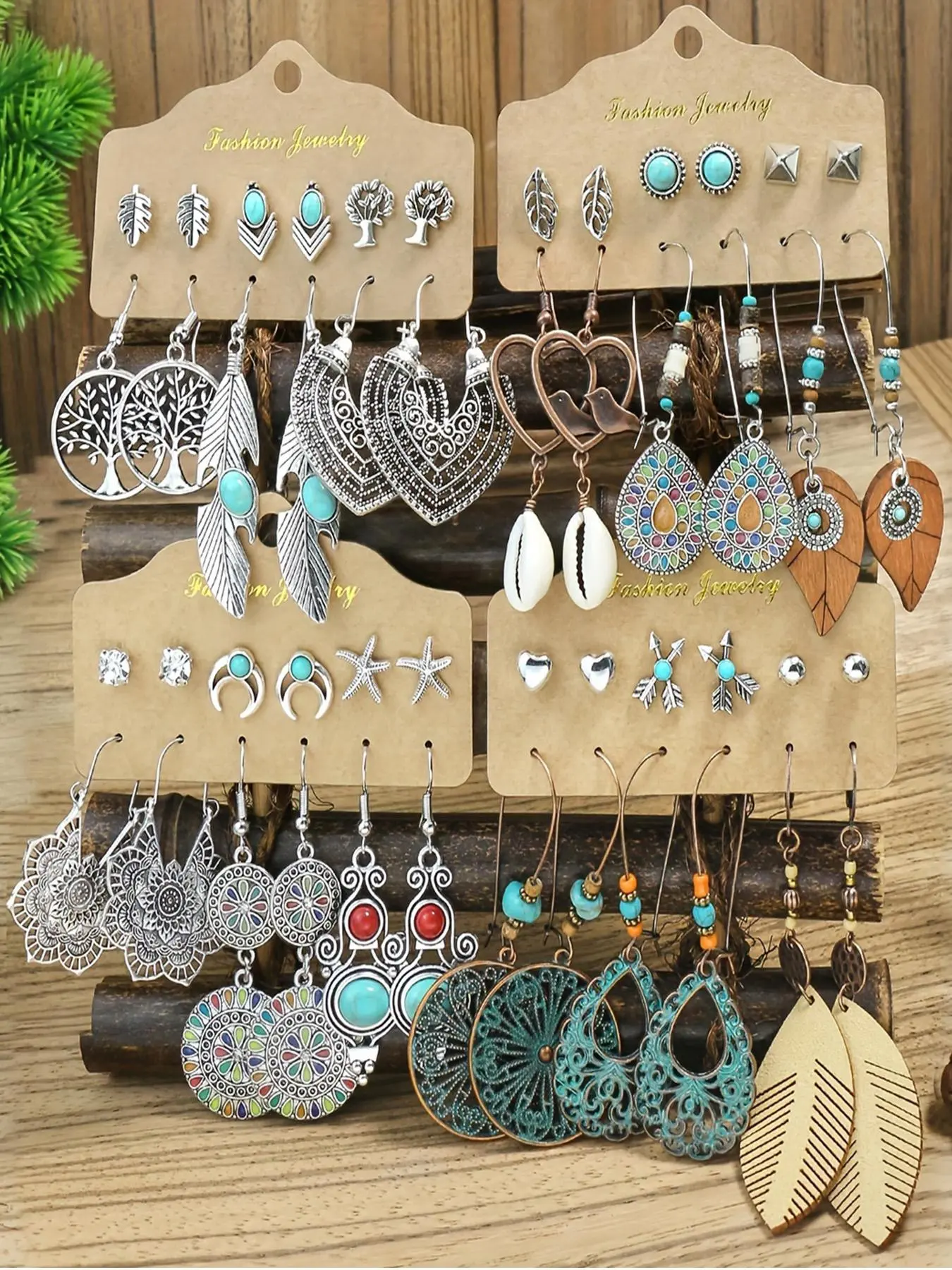 Women's Boho Turquoise-Textured Dangle and Stud Earrings Set, Retro Mixed-Design Vintage Jewelry for Parties and Daily Wear