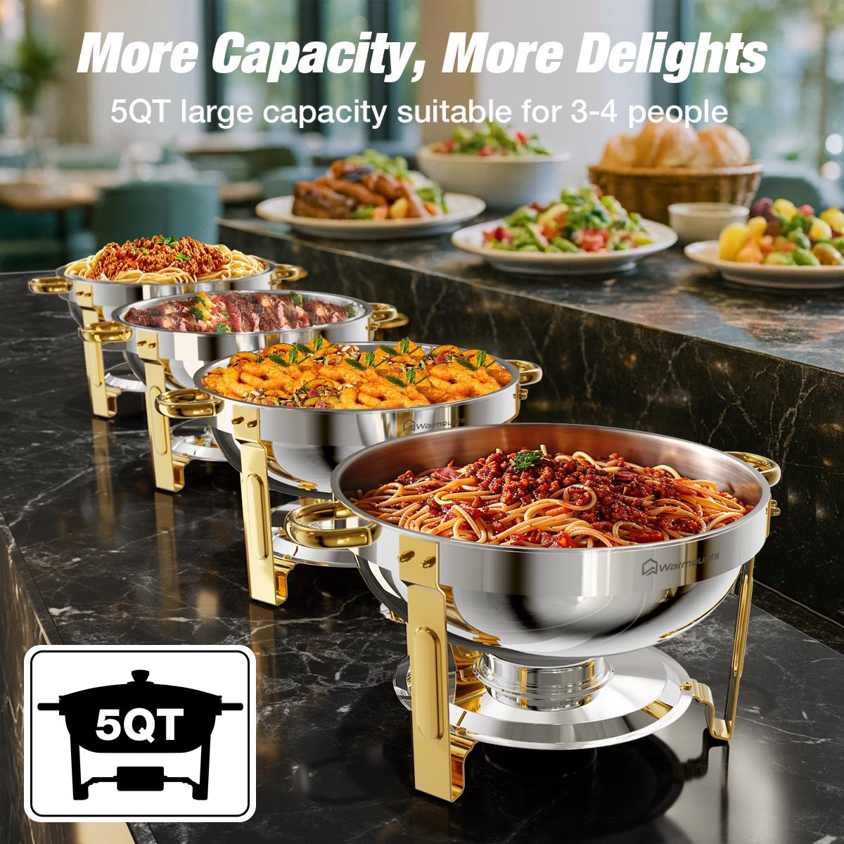 WARMOUNTS 5QT Gold Chafing Dishes for Buffet with Glass Lid , Round Chafers and Buffet Warmers Set with Mirror-Polished Stainless Steel, Rolled Rim, Stackable, Lid Holder for Parties, Weddings (2/4/6 Pack）
