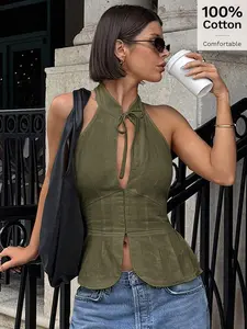 EVO x Siren Gaze Women Bow Tie Hollow Hanged Neck Slim Fitted Sleeveless Vest Top, Split Front Outerwear Tank Top Chic Summer Green Casual Christmas