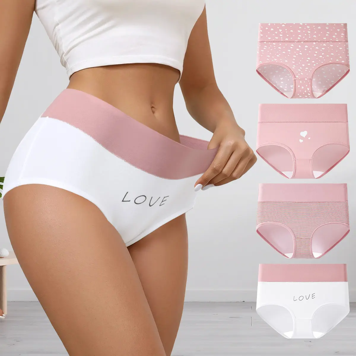 Hotcom Women's Cute Heart-Shaped Milk Silk Print High-Waisted Briefs - Soft, Cool, Everyday Fit, Plus Size (Sizes S-XXL), All-Season Wear, Brief summerwins