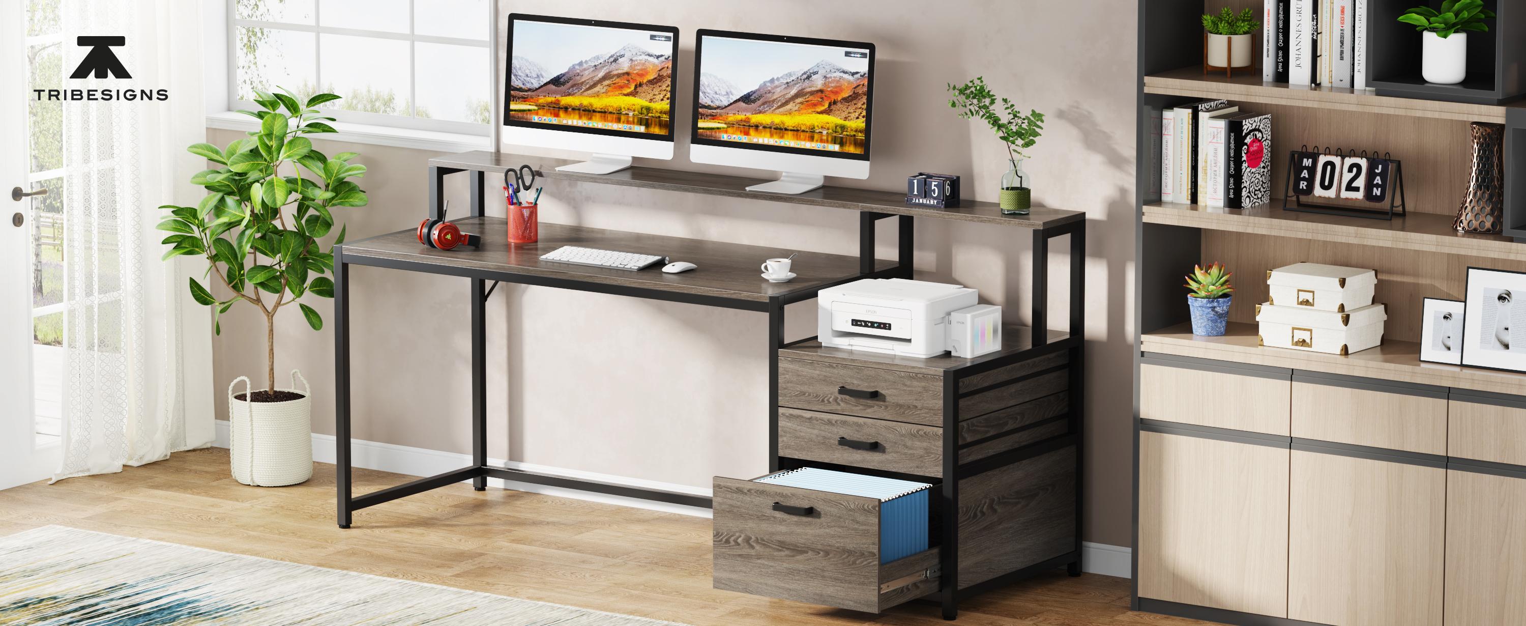 Tribesigns 63 Inch Computer Desk with File Drawer Cabinet, Ergonomic Office Desk with Monitor Stand and Ample Storage, Industrial Computer Table with Printer Space, for Home Office, Study, and Gaming