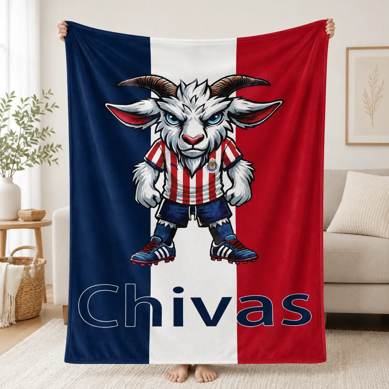 Funny French Goat Throw Blanket, Ultra Soft Flannel Foven Blanket, Blue White Red Sports Fan Design, Cozy Blanket for Couch Bed Sofa, Gift for Fans