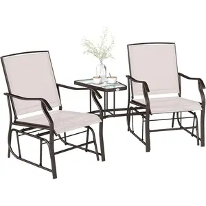 Outdoor Glider Chairs and Table set, Patio 2-Seat Rocking Chair Swing Loveseat with Glass Coffee Table