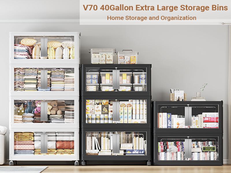 BROVIEW 160Qt/480Qt/640Qt/800Qt Extra Large Stackable Storage Bins with Lid, Each 40gal Heavy-Duty Plastic Storage Box with Wheels, Collapsible Wheeled Closet Organizer High-Quality Plastic Cabinet Containers for Home Organization V70