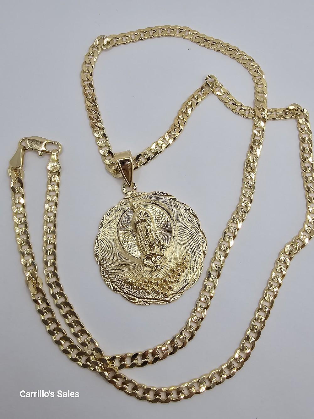 VIRGIN MARY with flowers  Cuban necklace style gold-plated beautiful design no fade no tarnish just don't take long showers with them gold over stainless