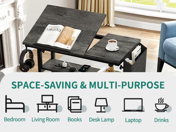 YITAHOME Height Adjustable Table with Charging Station, Portable Desk with Wheels, Small Standing Rolling Computer Desk with Tiltable Tabletop and Storage Bag
