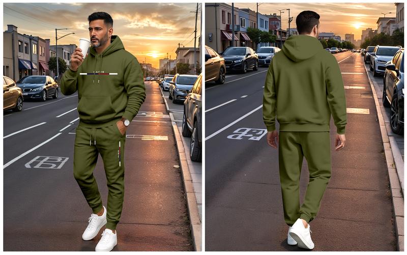 Men's Paris Letter Printed Hoodie and Drawstring Sweatpants Set, Menswear, Casual Athletic Long Sleeve Hooded Jacket & Trousers for Fall & Winter, Men's Clothing for Daily Wear, Sportswear Indoor Outdoor, Tracksuit, Athleisure Summer Clothes