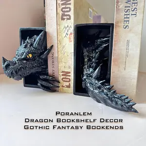 VyGrow Gothic Dragon Bookends for Shelves | Fantasy Black Resin Statue Decor, Unique Gift for Book Lovers & Home Office Display (1 Pair)