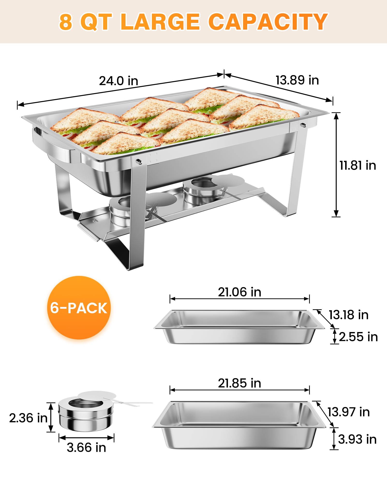 【GARVEE】8QT(1×1/1Pan)Chafing Dish Buffet Set of 6 Stainless Steel Food Servers & Warmers, Includes Water Pan, for Weddings, Parties, Banquets, Catering Presentation Elevate 【GARVEE】8QT(1×1/1Pan)Chafing Dish Buffet Set of 6 Stainless Steel Food Servers & Warmers, Includes Water Pan, for Weddings, Parties, Banquets, Catering Presentation Elevate