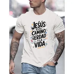Men Casual Summer TShirt with Trendy Graphic Print Round Neck and Inspirational Spanish Quote JESUS CAMINO Y VIDA in White and Comfortable Short Sleeve Design