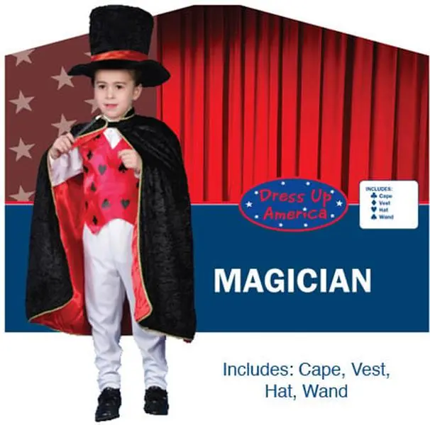 Dress Up America Men's Deluxe Magician Costume - 4-Piece Polyester Set with Vest, Cape, Hat & Wand, Machine Washable, Size XL (16-18), Men's Special Occasion Clothes