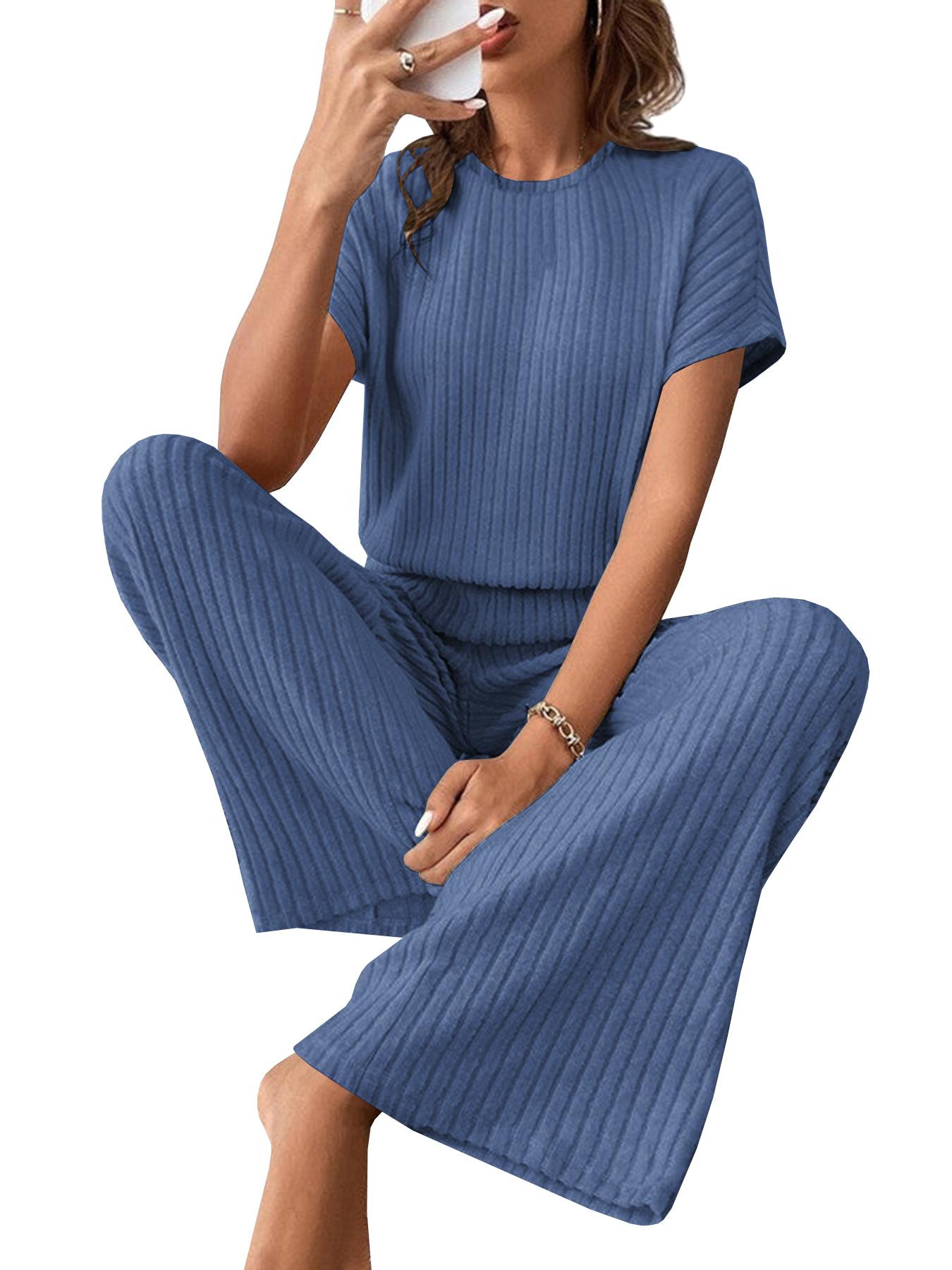 Women's Solid Shortsleeve Crewneck Ribbed Top & Wide Leg Pants Minimalist Casual Fitted Fashion Cozy Top & Trousers for Daily Outdoor Wear Ladies Clothes for Summer Womenswear Yoga Clothes Set Black Batwing Suits Suits